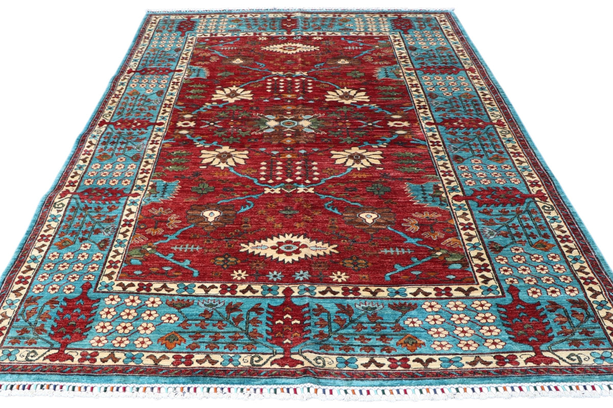 Chobi Ziegler Rug 7x9 | Red, Turquoise & Ivory | Hand-Knotted Wool