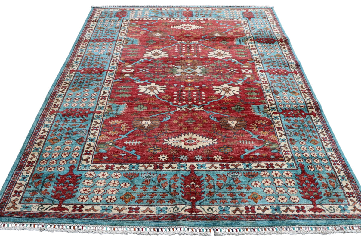 Chobi Ziegler Rug 7x9 | Red, Turquoise & Ivory | Hand-Knotted Wool