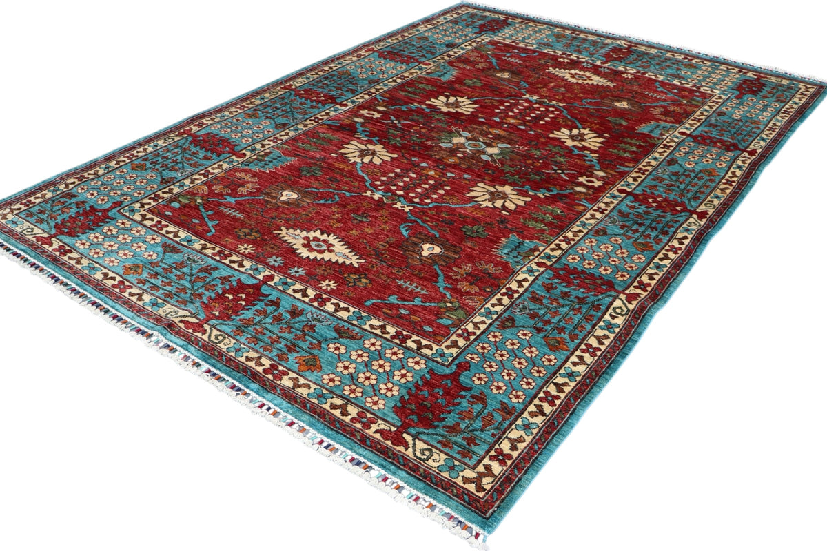 Chobi Ziegler Rug 7x9 | Red, Turquoise & Ivory | Hand-Knotted Wool