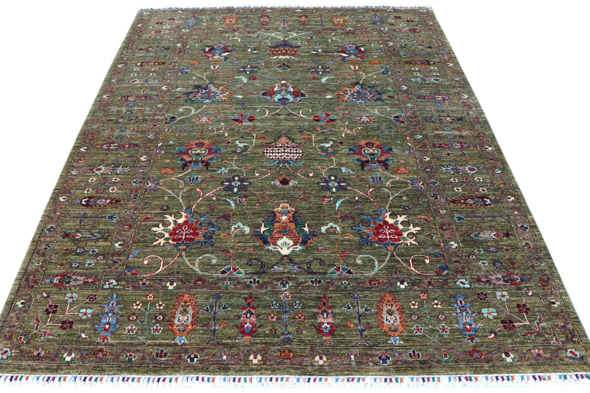 Chobi Ziegler Rug 6x8 | Olive, Taupe & Blue | Hand-Knotted Wool