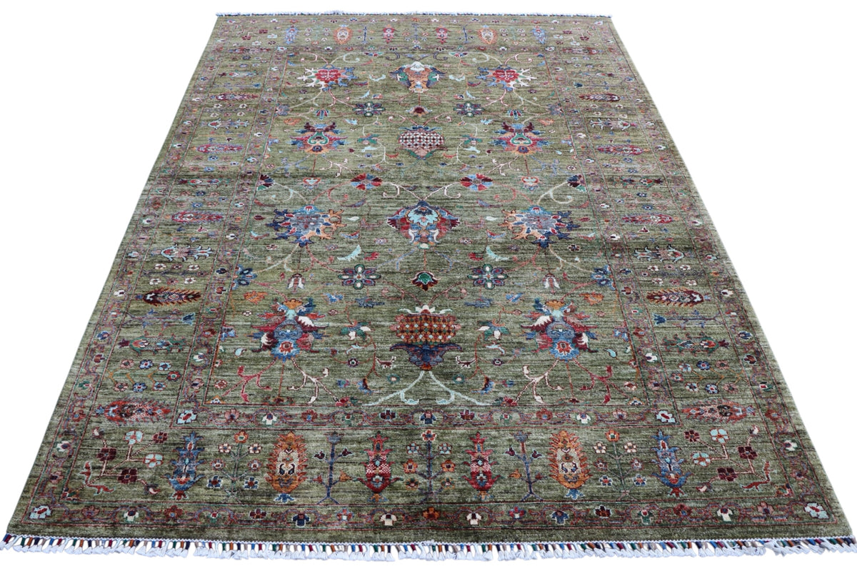 Chobi Ziegler Rug 6x8 | Olive, Taupe & Blue | Hand-Knotted Wool
