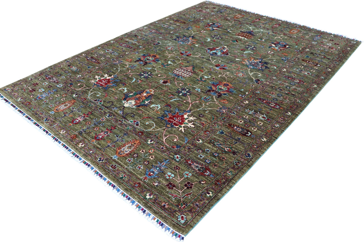Chobi Ziegler Rug 6x8 | Olive, Taupe & Blue | Hand-Knotted Wool