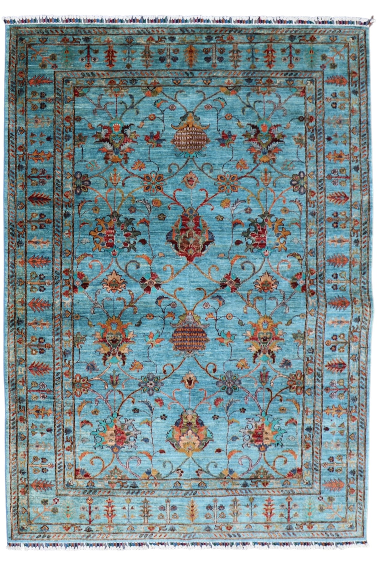 Chobi Ziegler Rug 6x8 | Turquoise, Rust & Navy | Hand-Knotted Wool