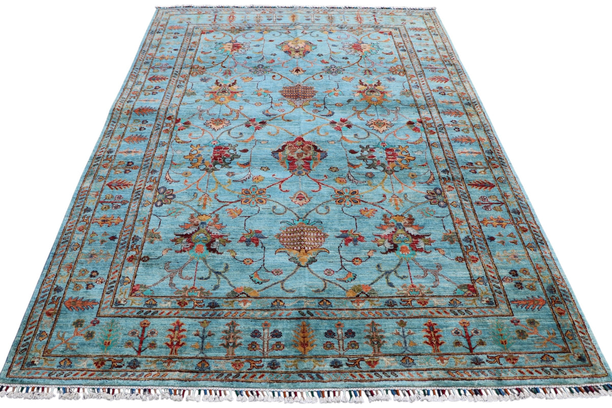 Chobi Ziegler Rug 6x8 | Turquoise, Rust & Navy | Hand-Knotted Wool