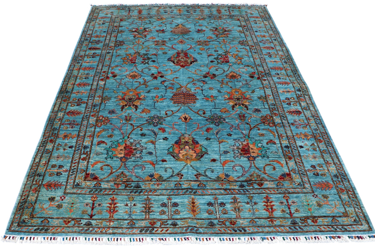 Chobi Ziegler Rug 6x8 | Turquoise, Rust & Navy | Hand-Knotted Wool