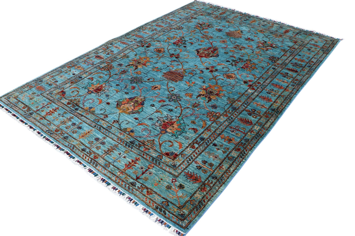 Chobi Ziegler Rug 6x8 | Turquoise, Rust & Navy | Hand-Knotted Wool