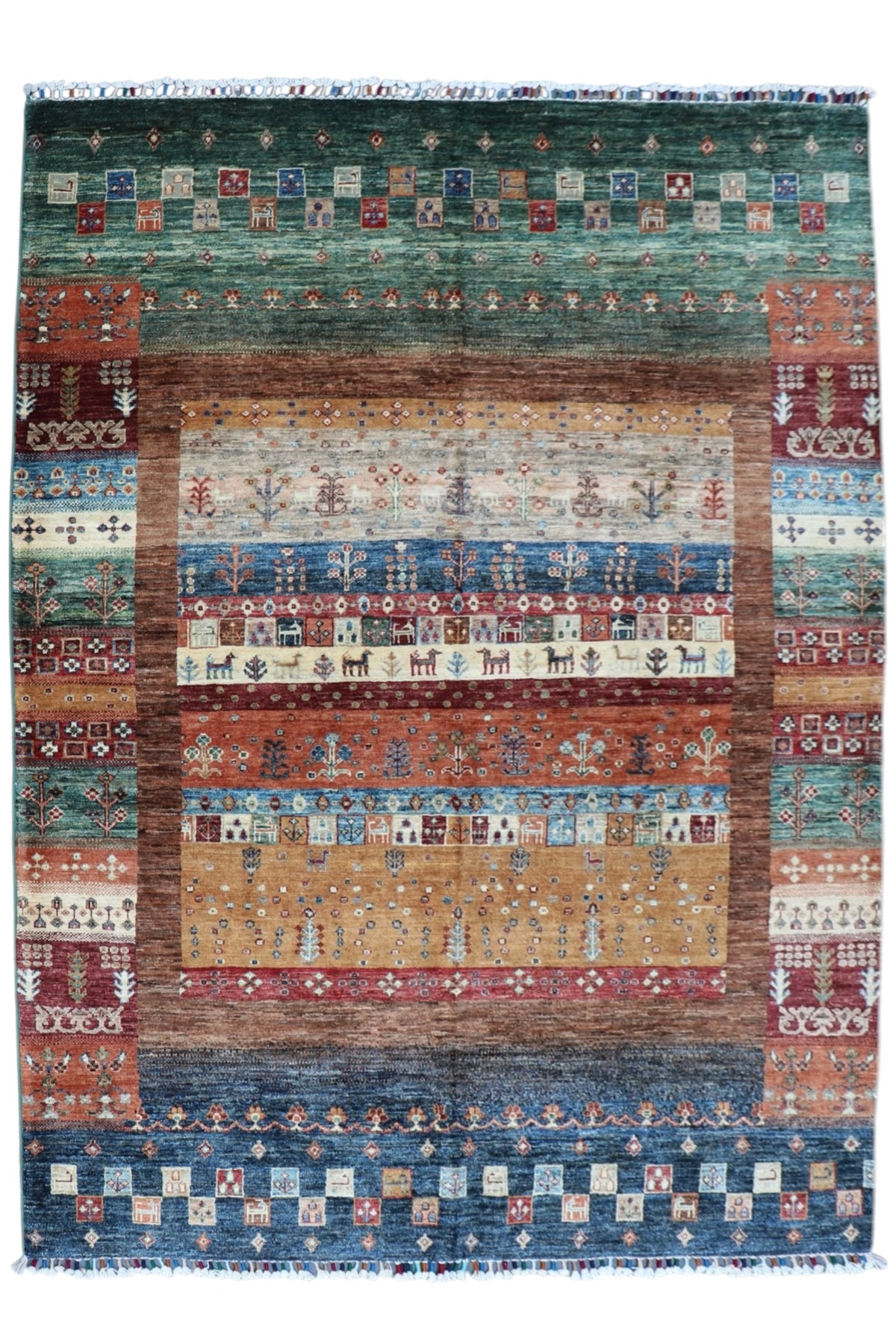 Chobi Gabbeh Design Rug 5x7 | Rust, Navy & Green | Hand-Knotted Wool