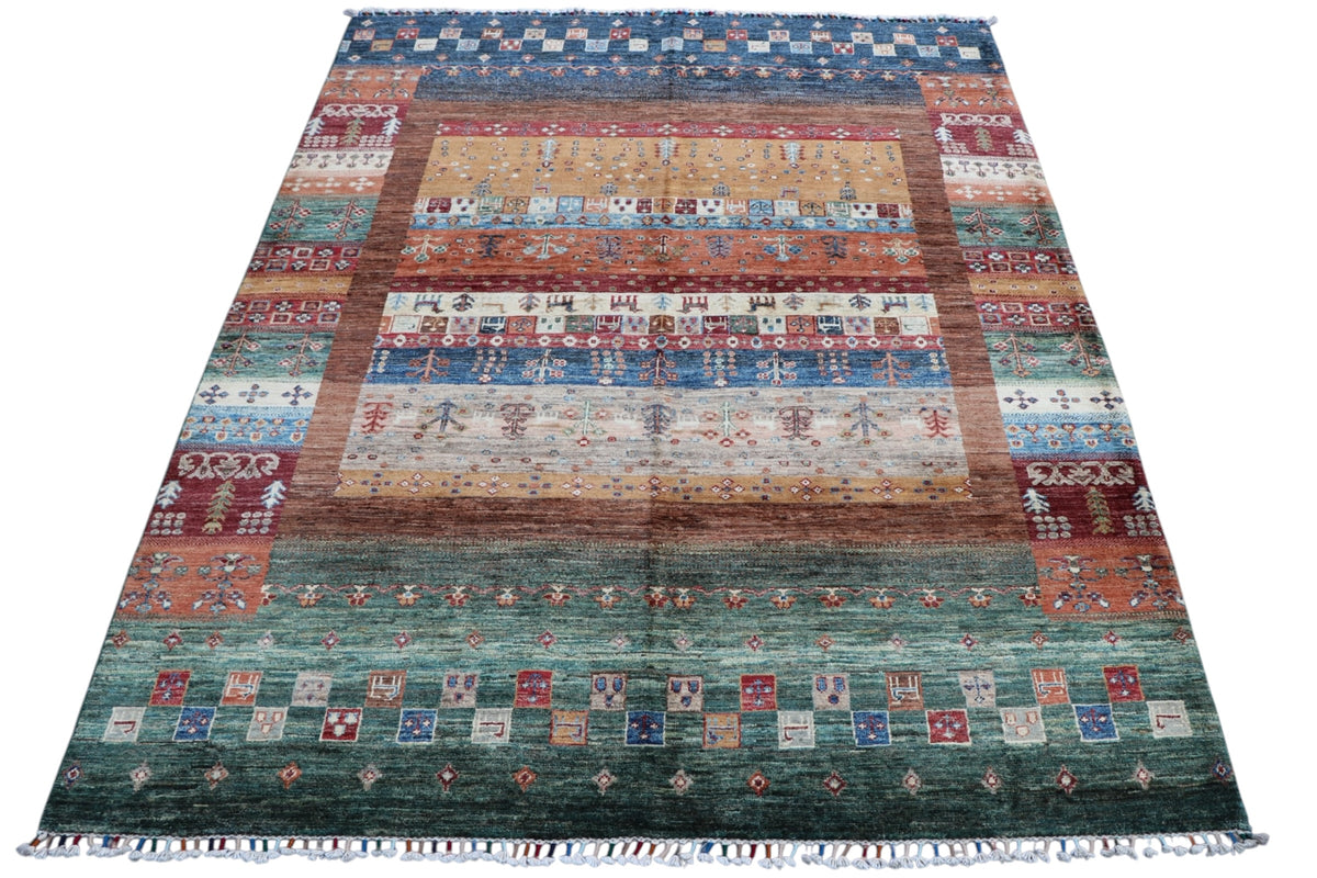 Chobi Gabbeh Design Rug 5x7 | Rust, Navy & Green | Hand-Knotted Wool