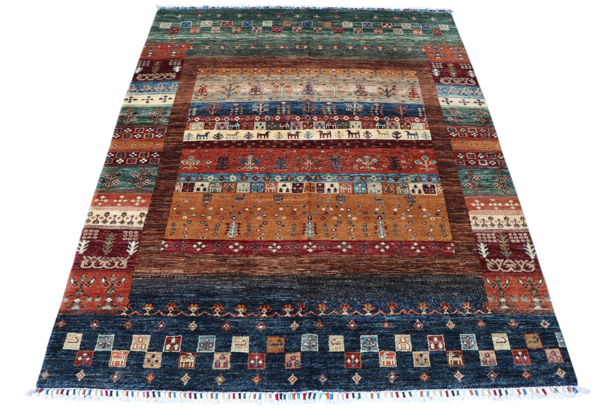 Chobi Gabbeh Design Rug 5x7 | Rust, Navy & Green | Hand-Knotted Wool