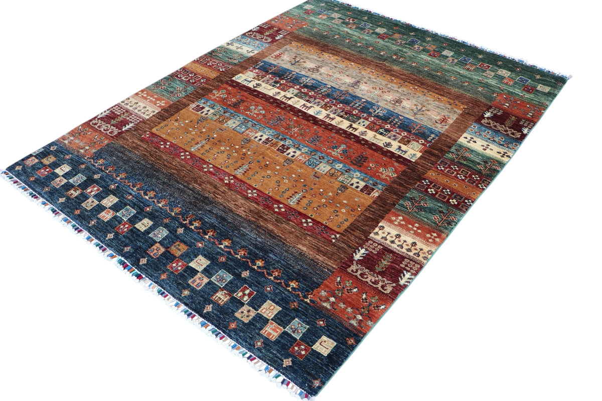 Chobi Gabbeh Design Rug 5x7 | Rust, Navy & Green | Hand-Knotted Wool