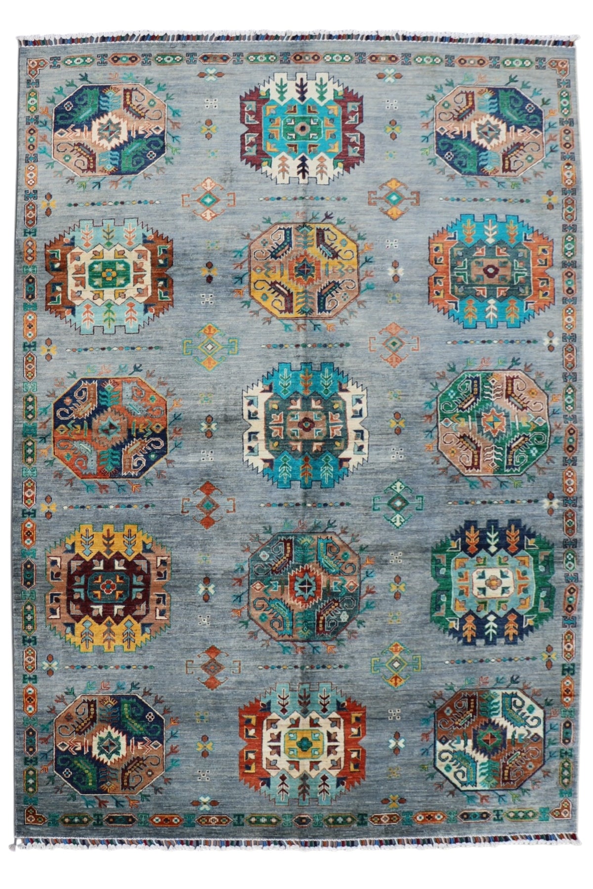 Chobi Kazak Rug 6x8 | Gray, Teal & Rust | Hand-Knotted Wool