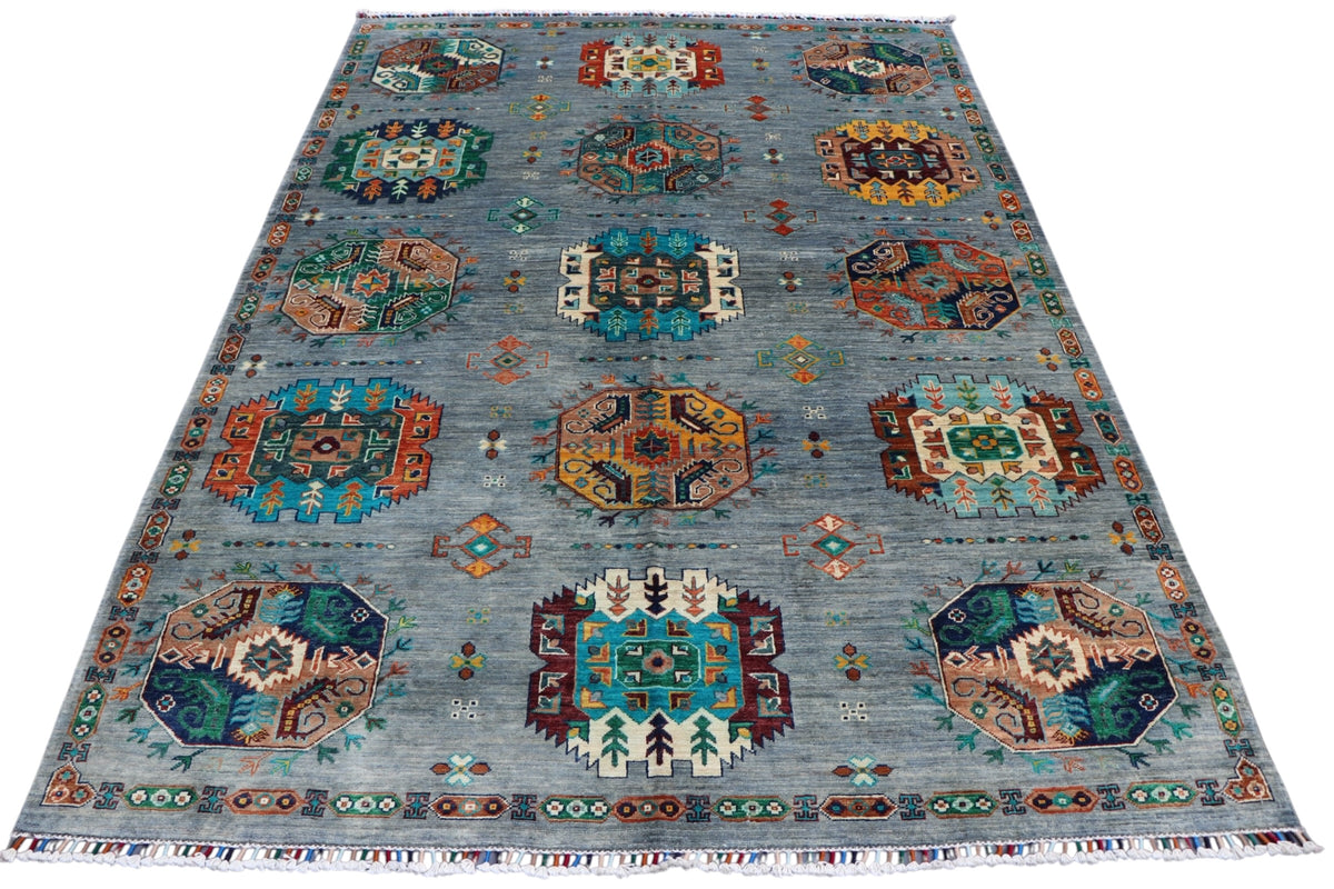 Chobi Kazak Rug 6x8 | Gray, Teal & Rust | Hand-Knotted Wool