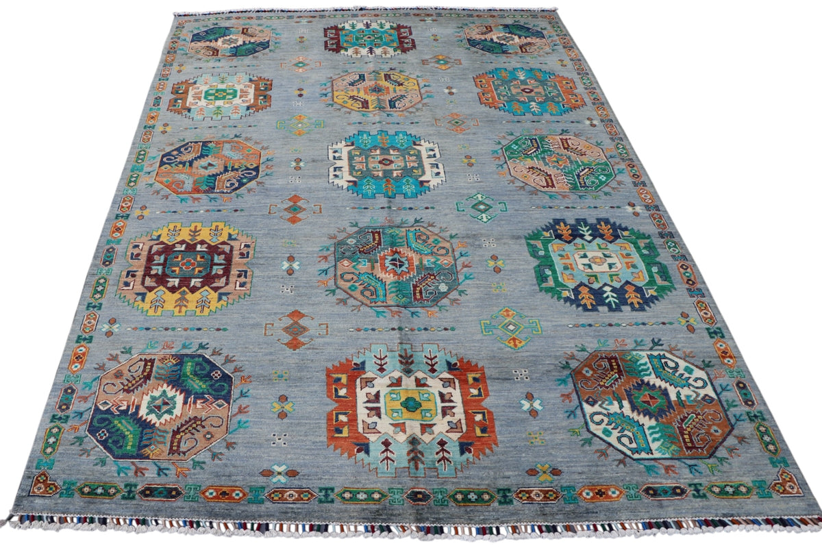 Chobi Kazak Rug 6x8 | Gray, Teal & Rust | Hand-Knotted Wool