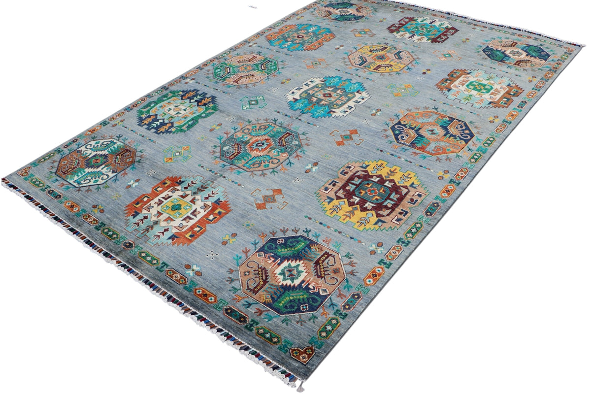 Chobi Kazak Rug 6x8 | Gray, Teal & Rust | Hand-Knotted Wool