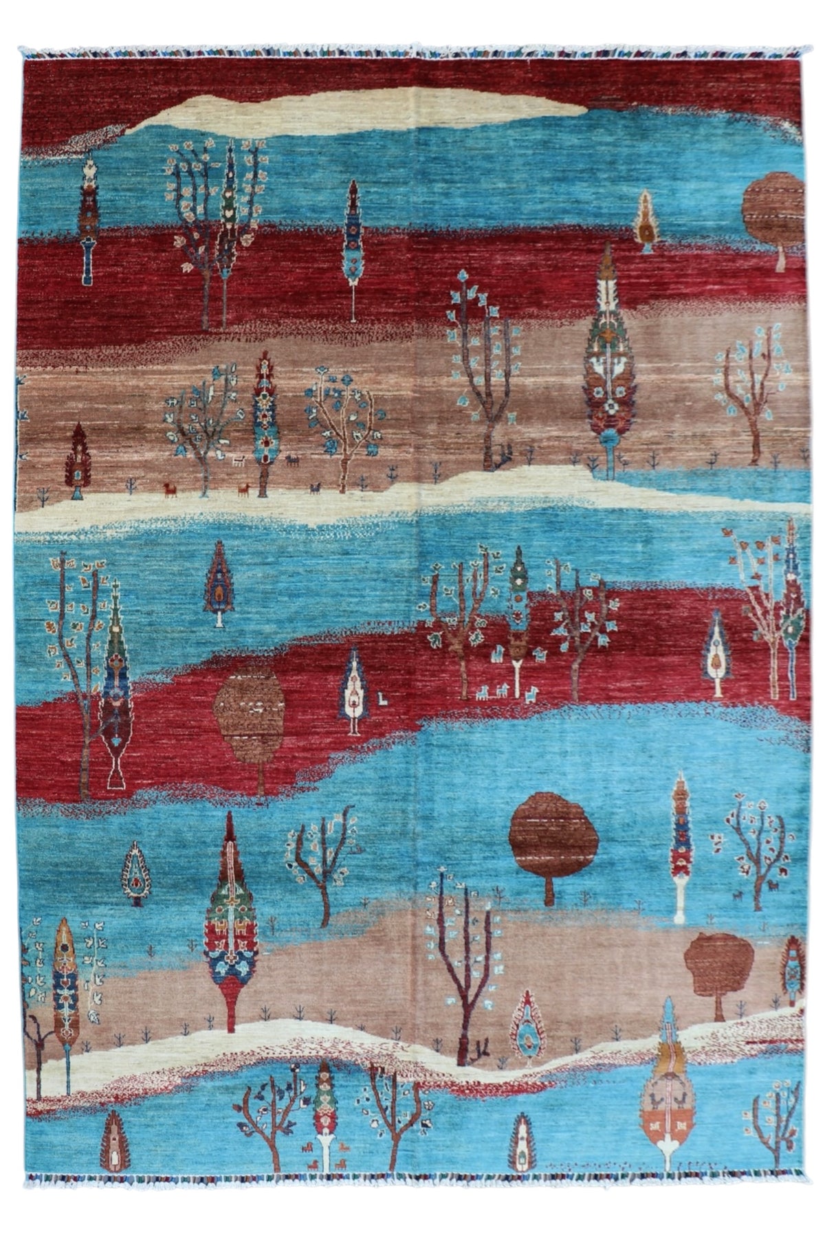 Chobi Landscape Rug 7x10 | Light Blue, Red & Tan | Hand-Knotted Wool