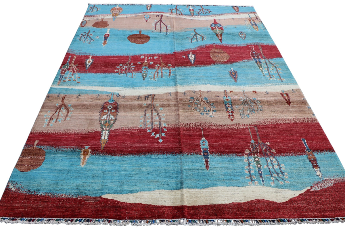 Chobi Landscape Rug 7x10 | Light Blue, Red & Tan | Hand-Knotted Wool
