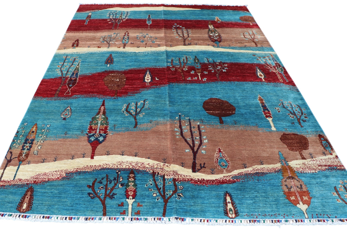 Chobi Landscape Rug 7x10 | Light Blue, Red & Tan | Hand-Knotted Wool