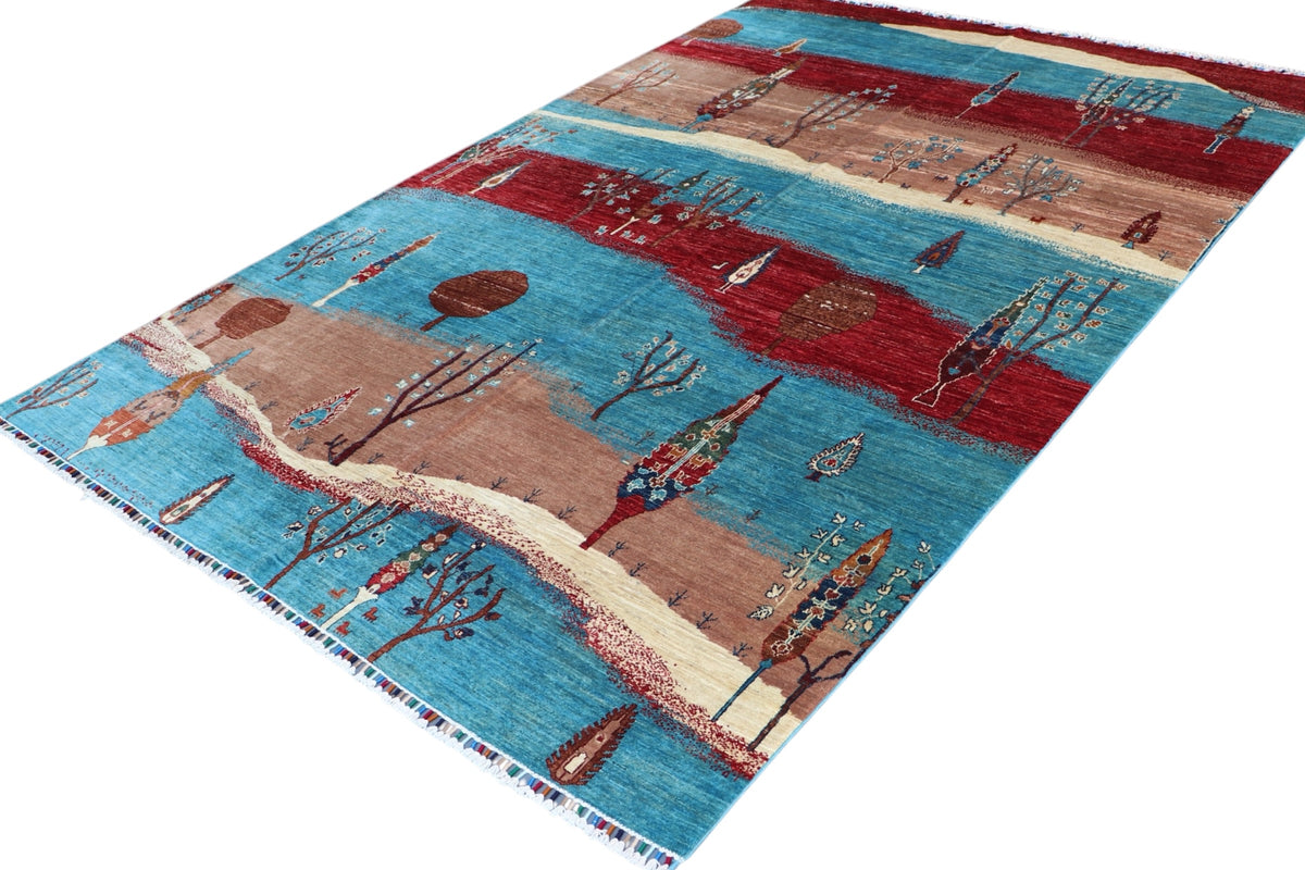 Chobi Landscape Rug 7x10 | Light Blue, Red & Tan | Hand-Knotted Wool