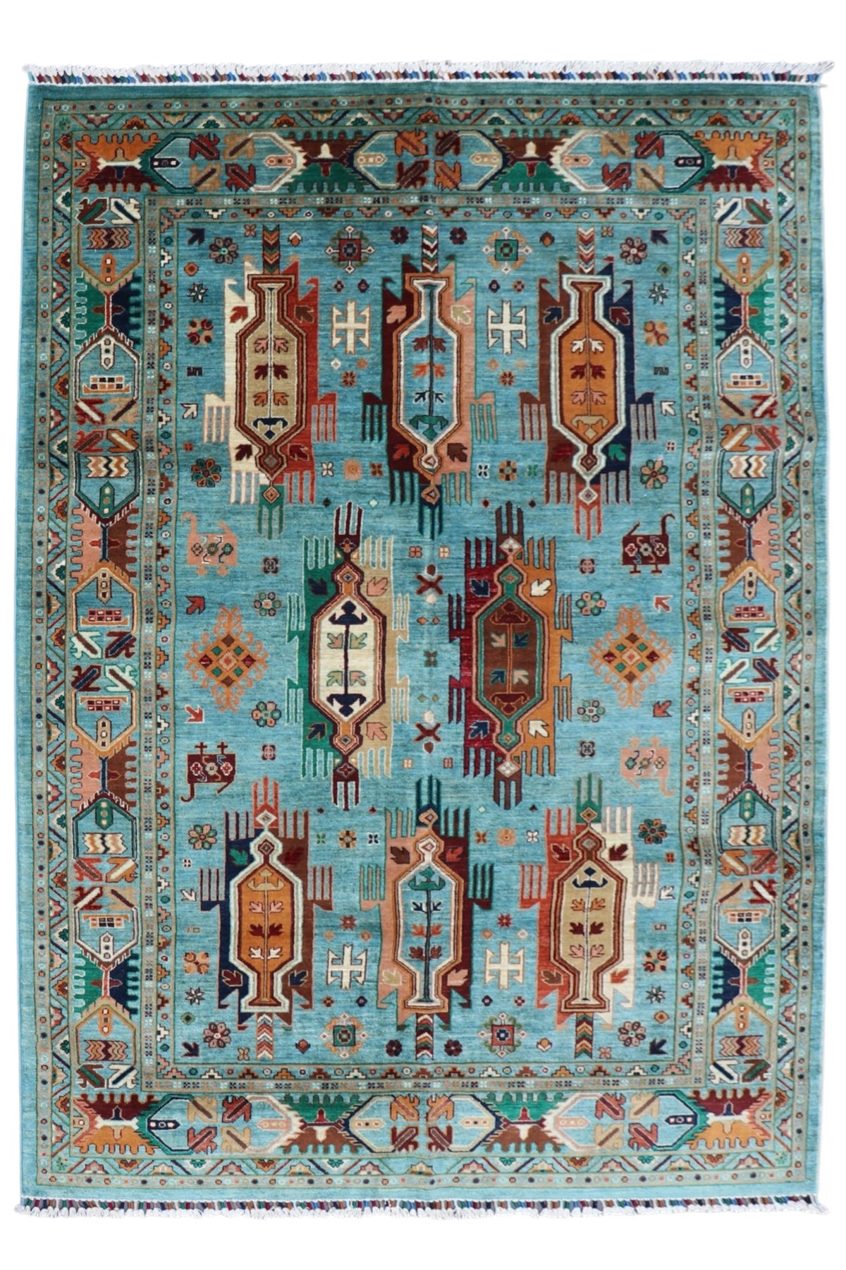 Chobi Caucasian Design Rug 6x8 | Light Blue, Rust & Ivory | Hand-Knotted Wool