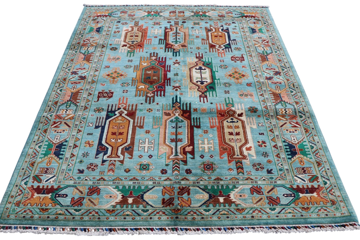 Chobi Caucasian Design Rug 6x8 | Light Blue, Rust & Ivory | Hand-Knotted Wool