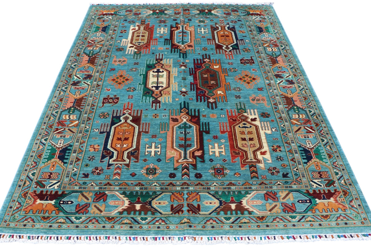 Chobi Caucasian Design Rug 6x8 | Light Blue, Rust & Ivory | Hand-Knotted Wool