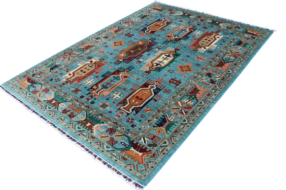 Chobi Caucasian Design Rug 6x8 | Light Blue, Rust & Ivory | Hand-Knotted Wool