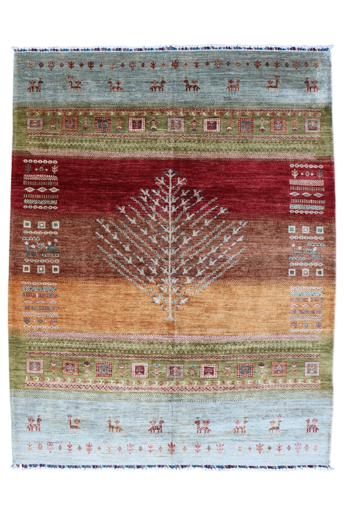 Chobi Tree of Life Rug 6x8 | Red, Orange & Light Blue | Hand-Knotted Wool