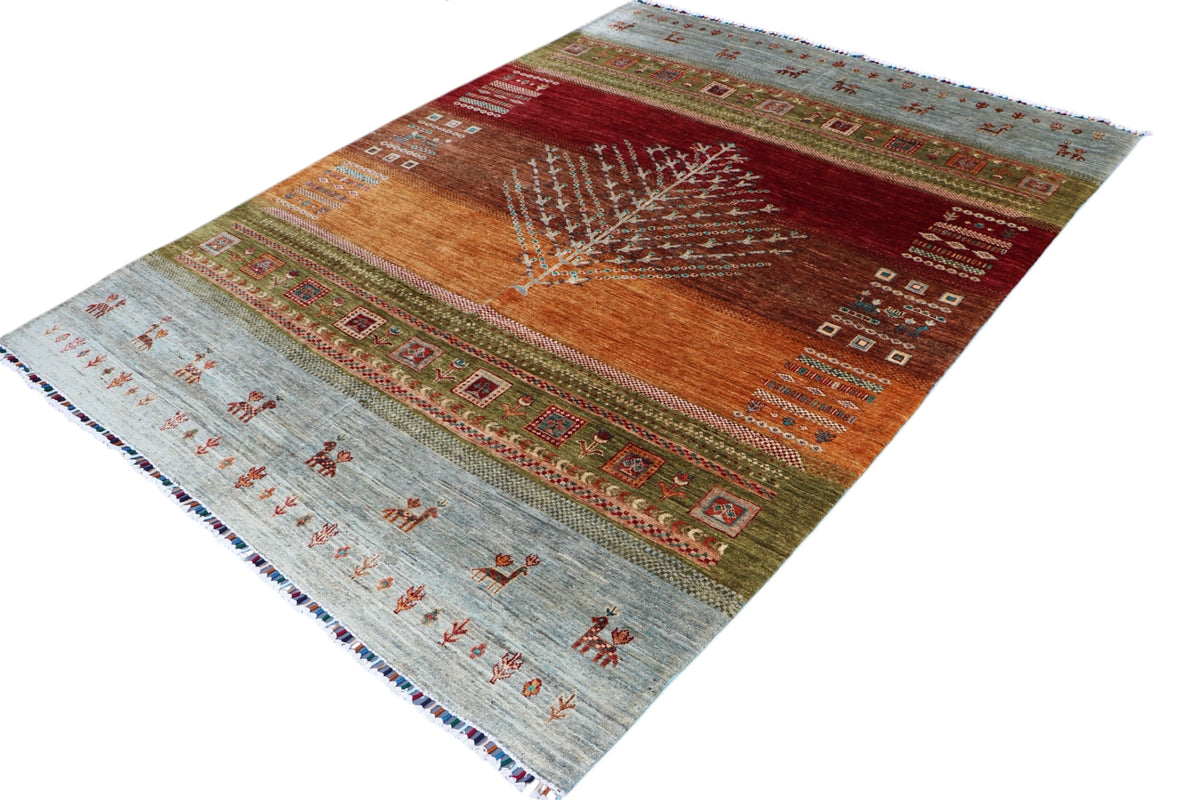 Chobi Tree of Life Rug 6x8 | Red, Orange & Light Blue | Hand-Knotted Wool