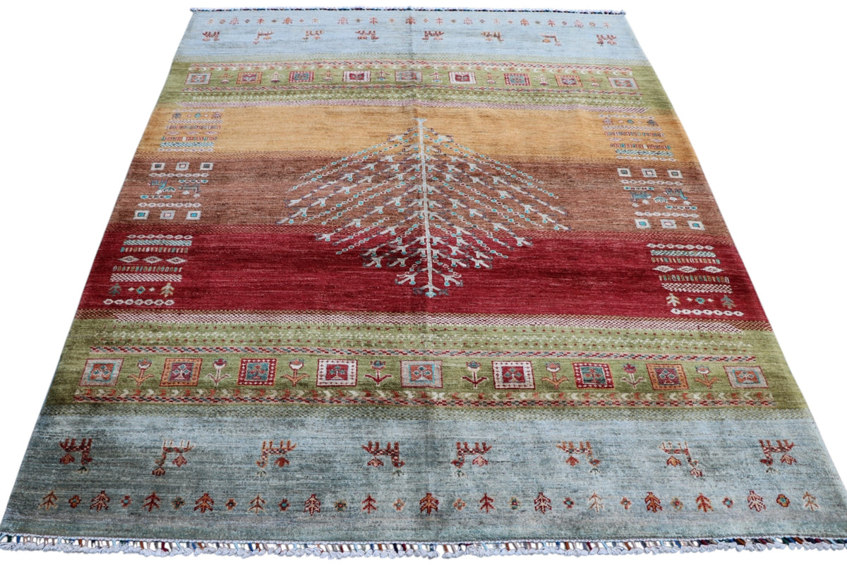 Chobi Tree of Life Rug 6x8 | Red, Orange & Light Blue | Hand-Knotted Wool