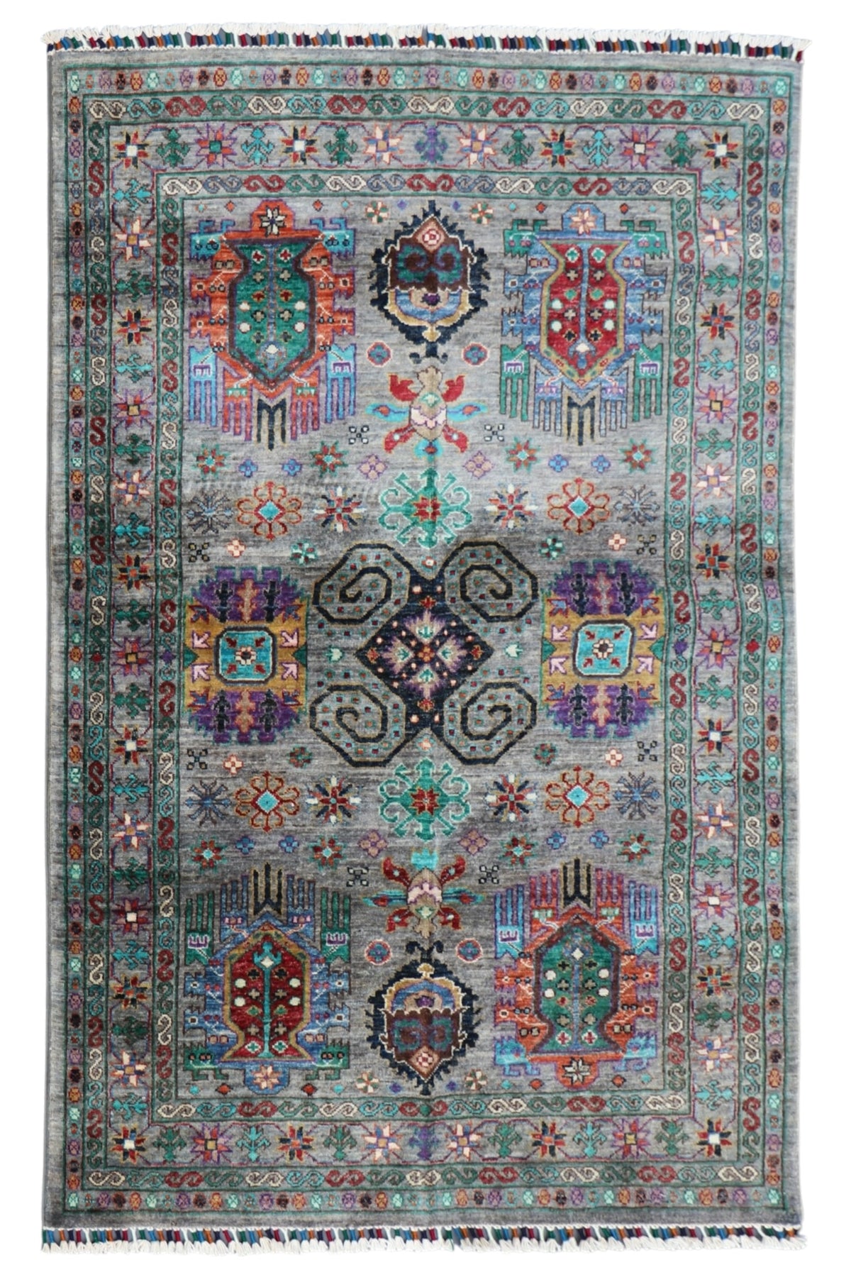 Chobi Caucasian Design Rug 4x6 | Gray, Teal & Rust | Hand-Knotted Wool