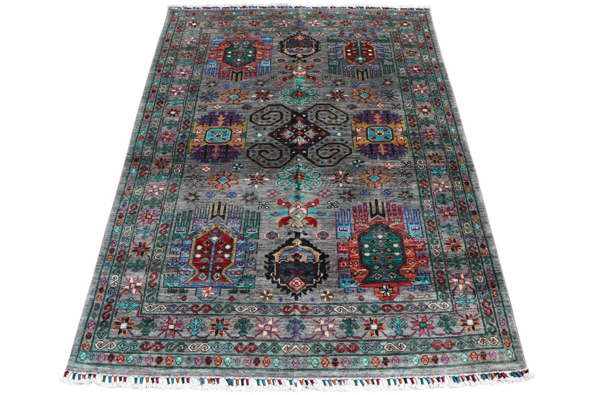 Chobi Caucasian Design Rug 4x6 | Gray, Teal & Rust | Hand-Knotted Wool