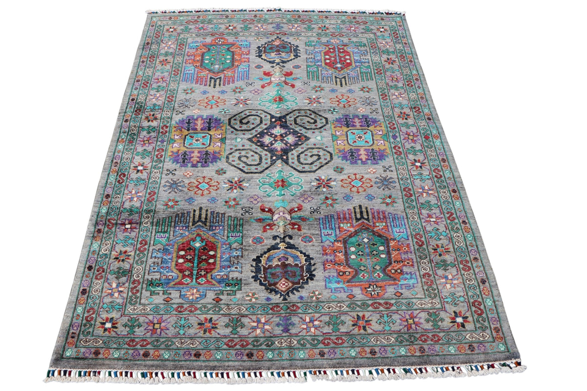 Chobi Caucasian Design Rug 4x6 | Gray, Teal & Rust | Hand-Knotted Wool