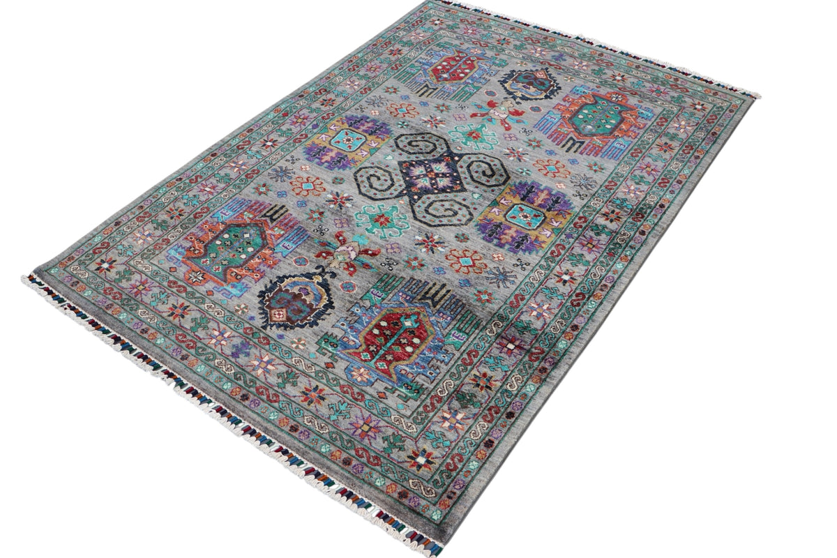 Chobi Caucasian Design Rug 4x6 | Gray, Teal & Rust | Hand-Knotted Wool