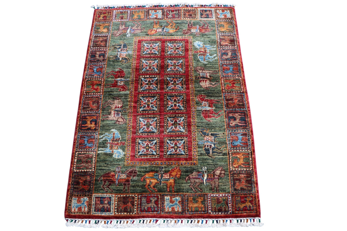 Chobi Pictorial Rug 3x4 | Green, Red & Burgundy | Hand-Knotted Wool
