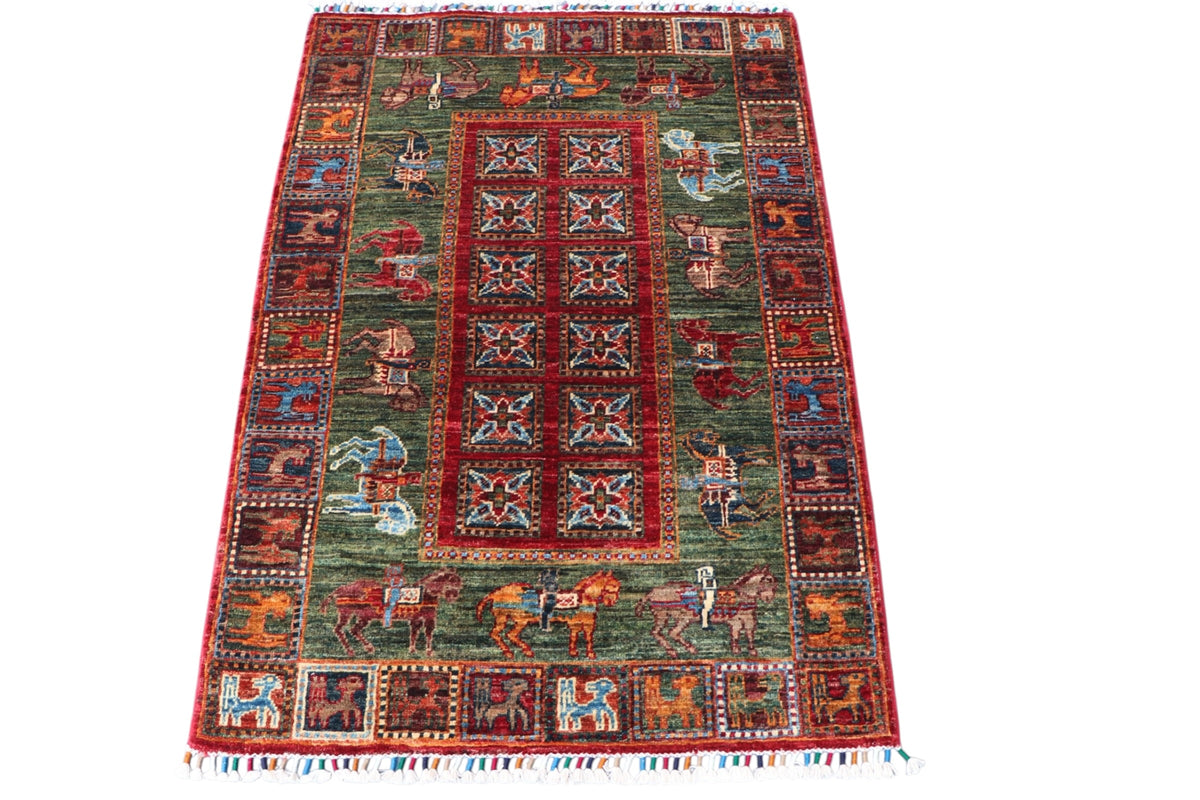 Chobi Pictorial Rug 3x4 | Green, Red & Burgundy | Hand-Knotted Wool