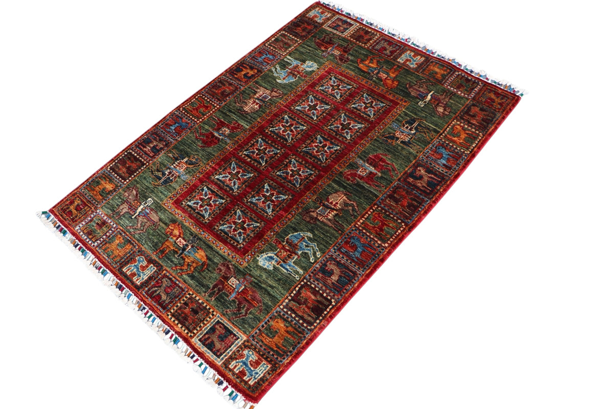 Chobi Pictorial Rug 3x4 | Green, Red & Burgundy | Hand-Knotted Wool