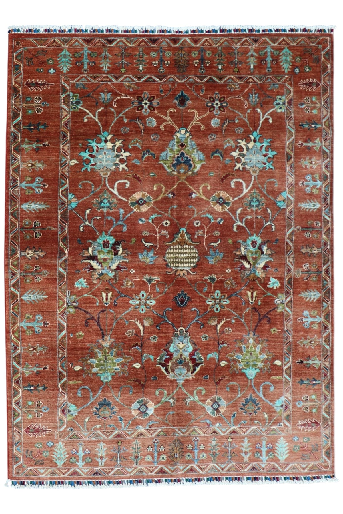 Chobi Ziegler Rug 5x7 | Rust, Teal & Ivory | Hand-Knotted Wool