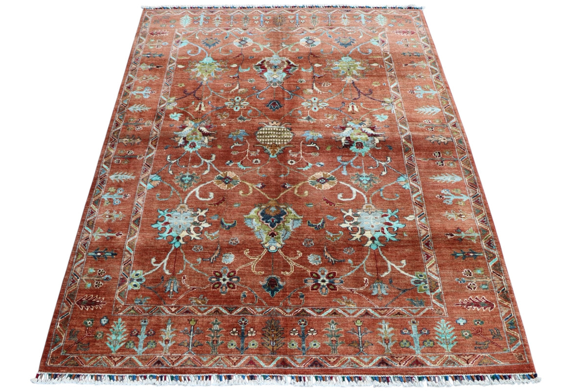 Chobi Ziegler Rug 5x7 | Rust, Teal & Ivory | Hand-Knotted Wool