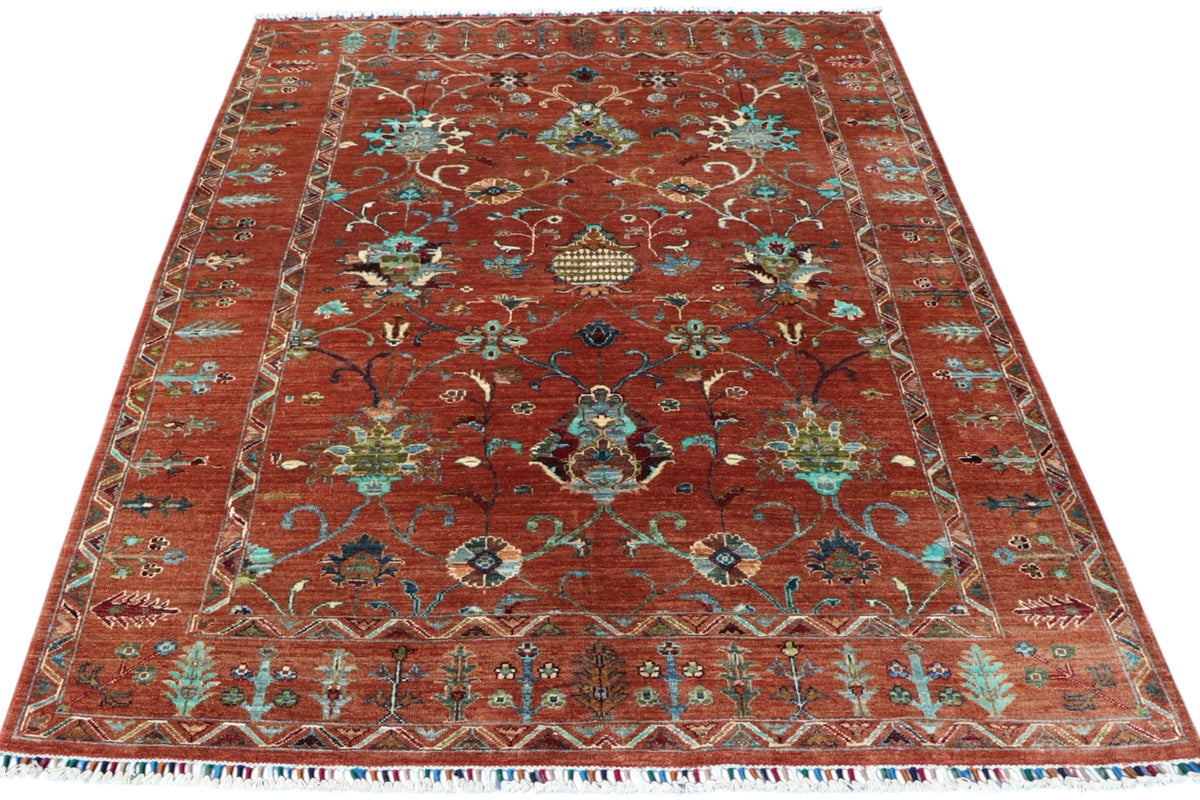 Chobi Ziegler Rug 5x7 | Rust, Teal & Ivory | Hand-Knotted Wool