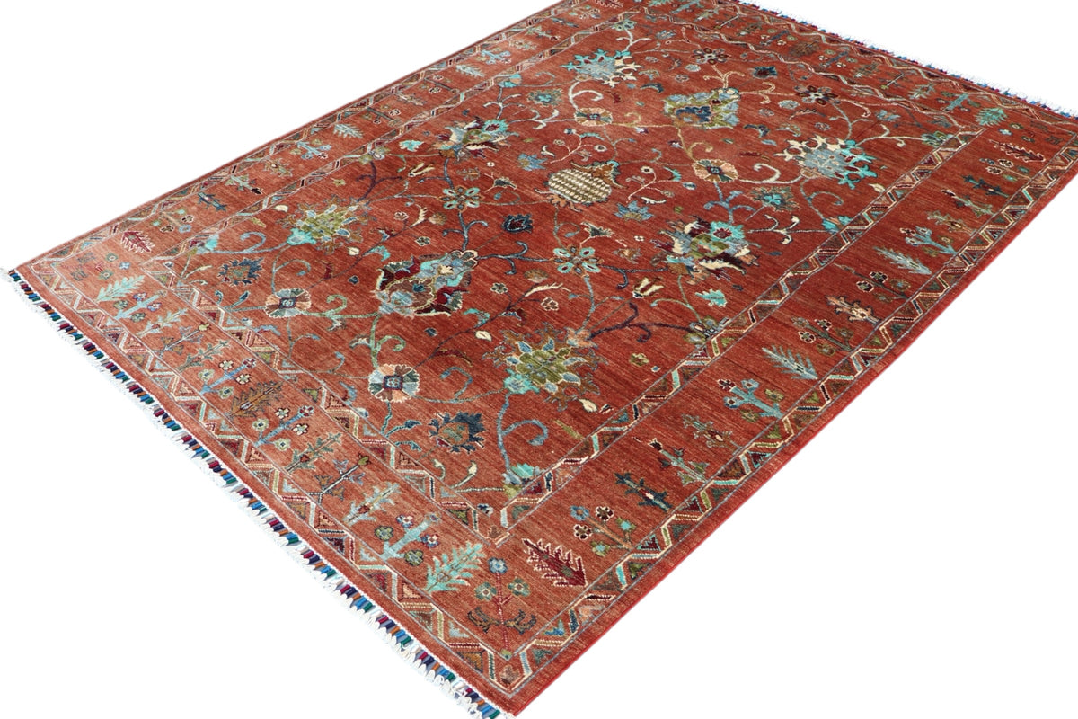 Chobi Ziegler Rug 5x7 | Rust, Teal & Ivory | Hand-Knotted Wool