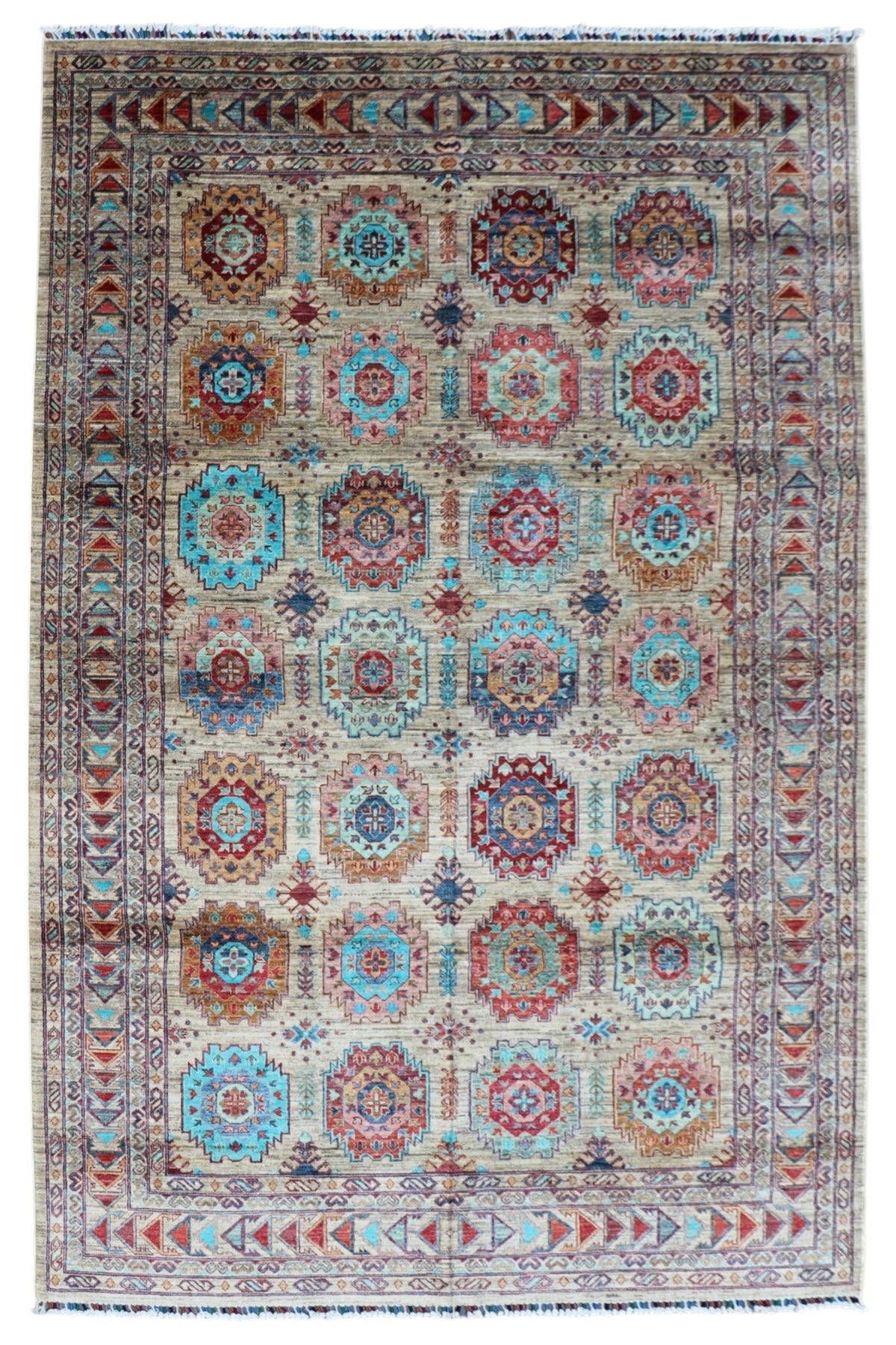 Chobi Mamluk Rug 7x10 | Beige, Turquoise & Rust | Hand-Knotted Wool
