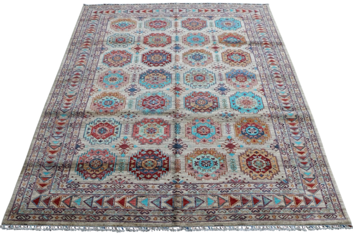 Chobi Mamluk Rug 7x10 | Beige, Turquoise & Rust | Hand-Knotted Wool