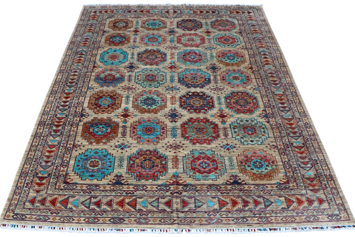 Chobi Mamluk Rug 7x10 | Beige, Turquoise & Rust | Hand-Knotted Wool