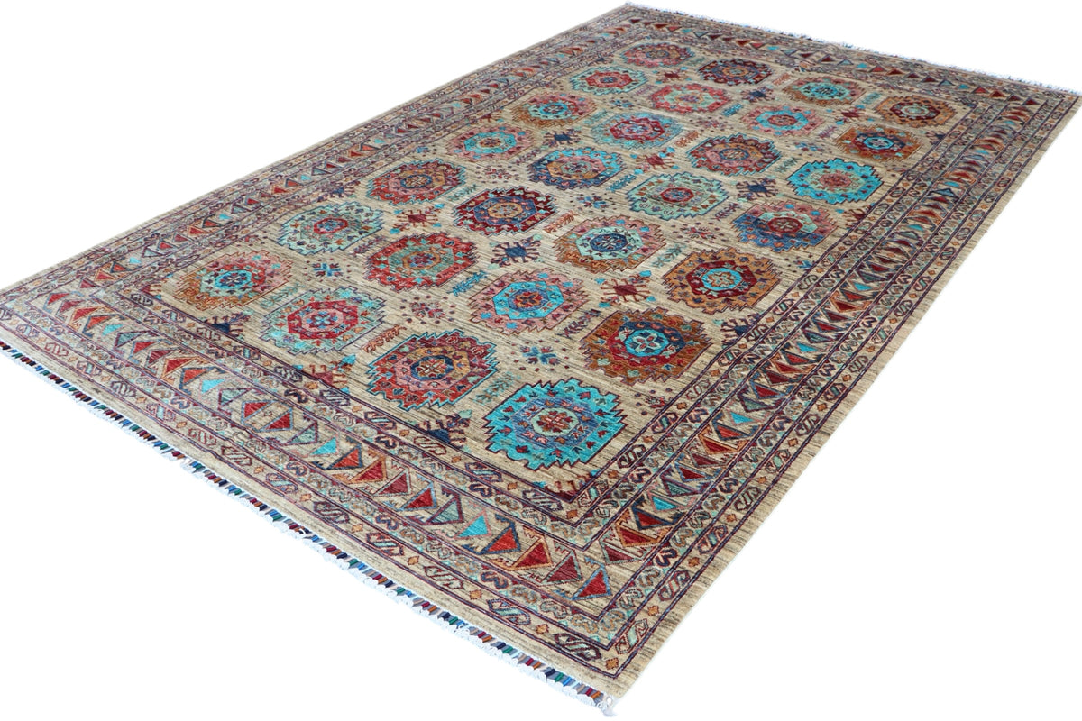 Chobi Mamluk Rug 7x10 | Beige, Turquoise & Rust | Hand-Knotted Wool