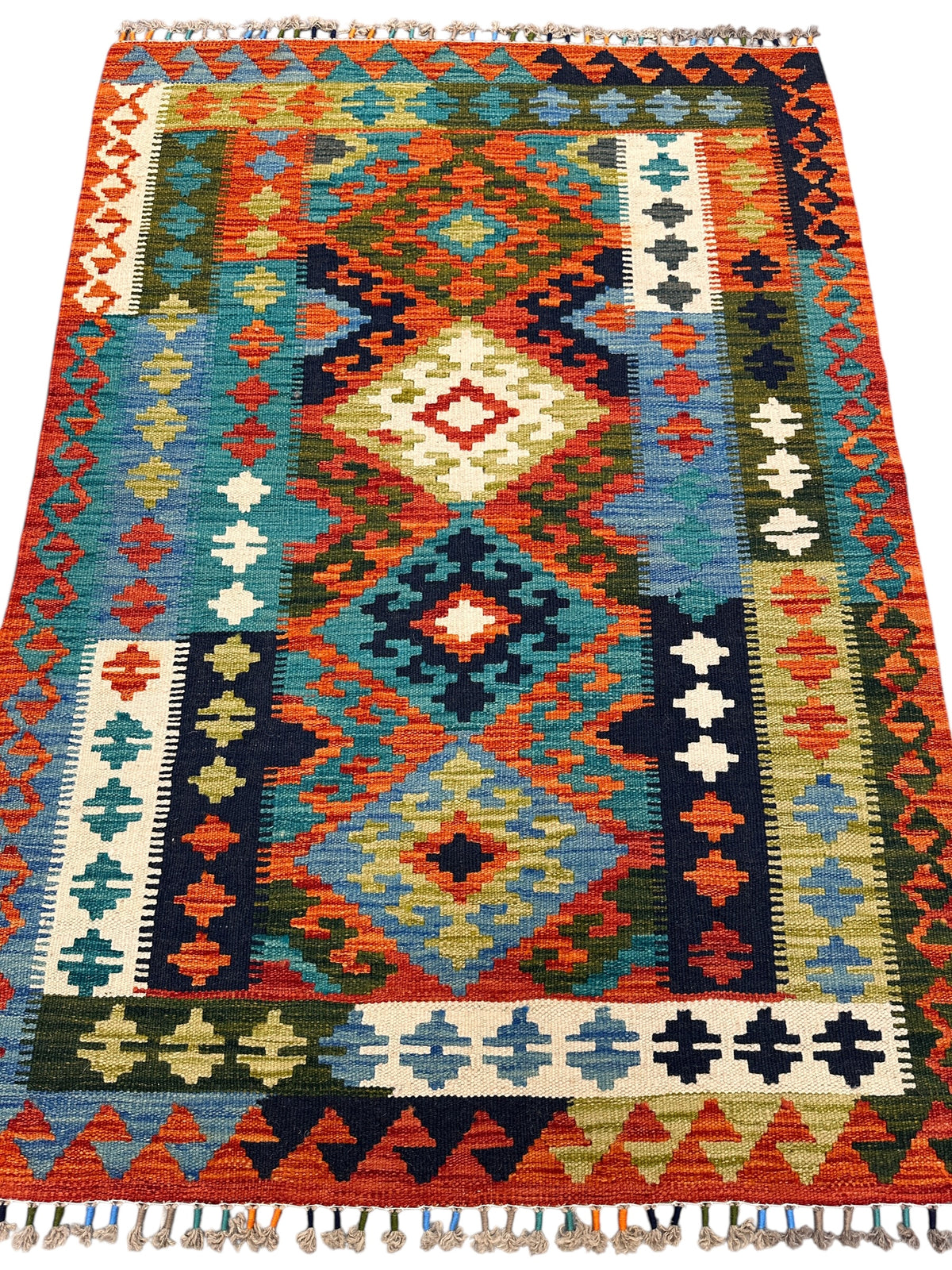 Afghan Kilim Rug 3x5, Rust, Teal & Olive Green, Hand-Woven Wool Flatweave, view 2
