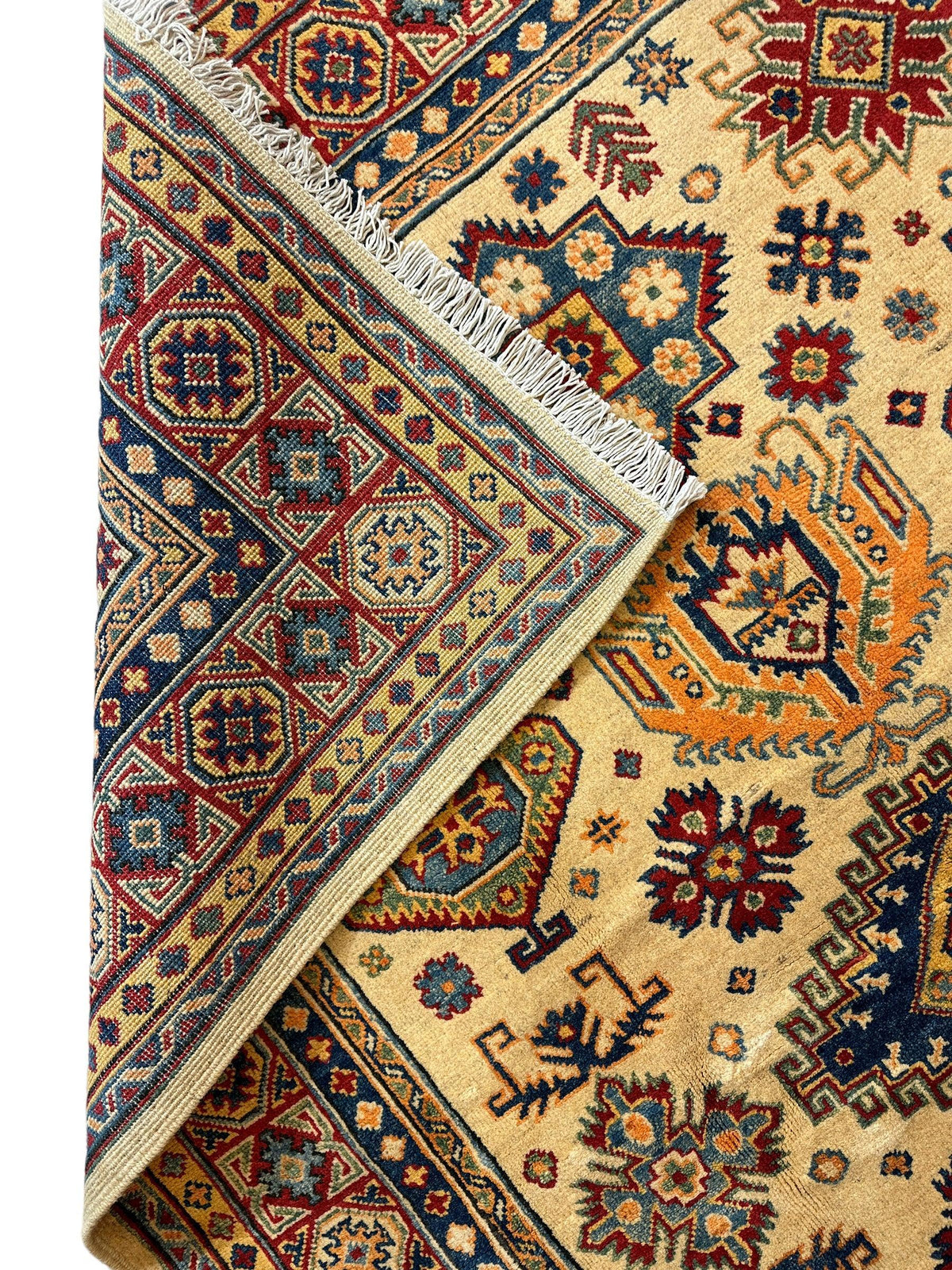 Afghan Super Kazak Rug 4'11" x 6'11", Hand-Knotted Wool, Red & Beige, view 5