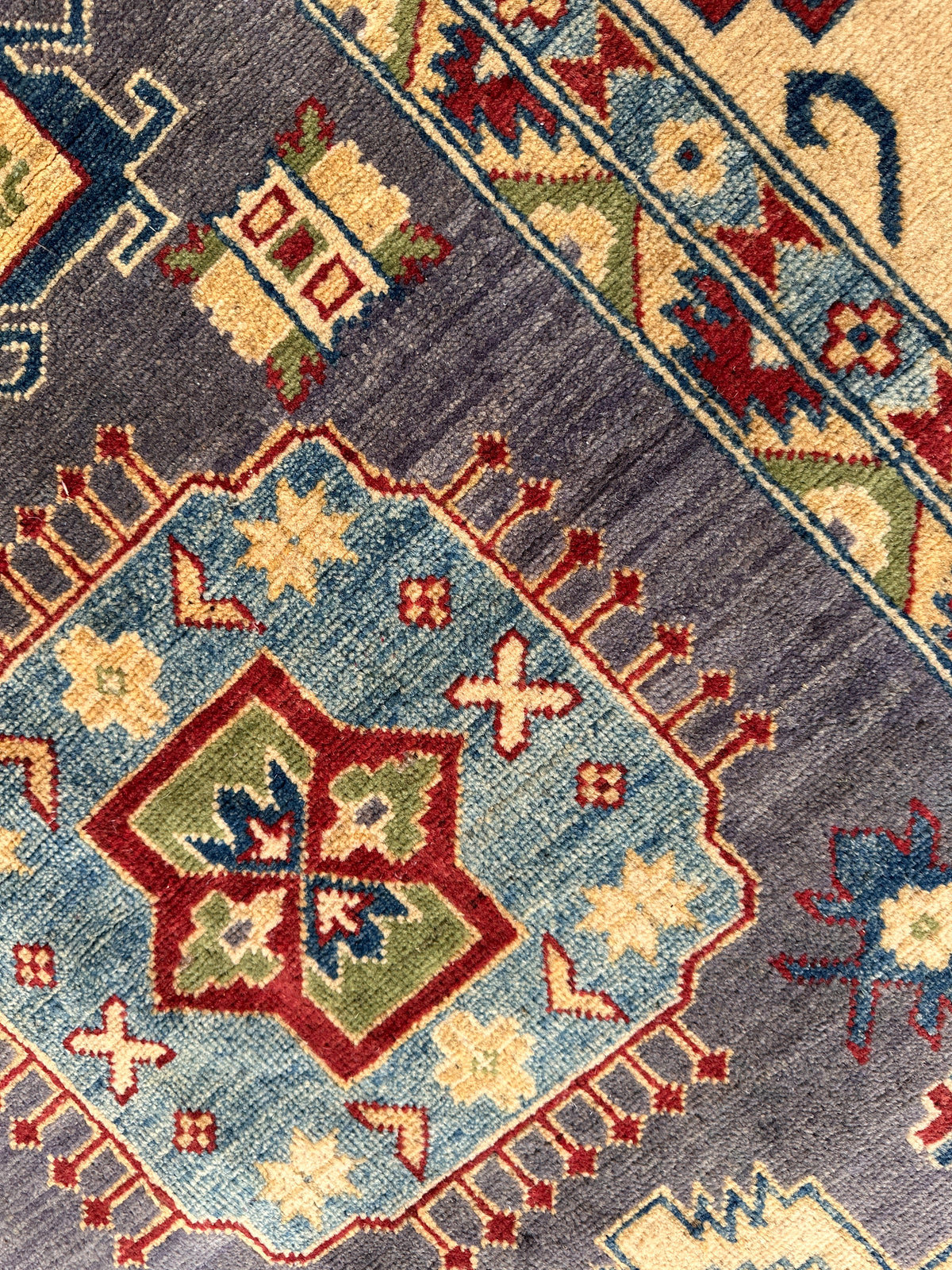 Afghan Kazak Rug 8x10, Gray, Gold & Light Blue, Hand-Knotted Wool, view 7