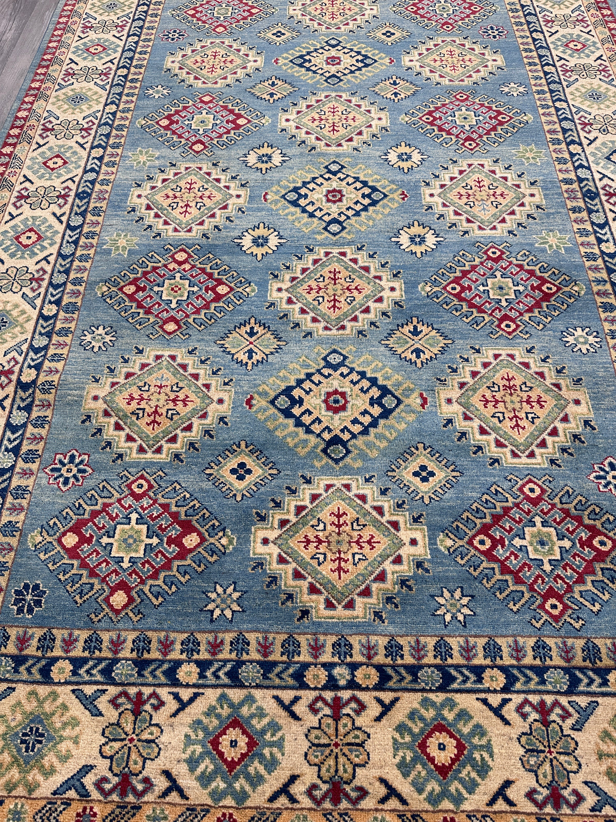 Afghan Kazak Rug 7x10, Light Blue, Ivory & Red, Hand-Knotted Wool, view 6