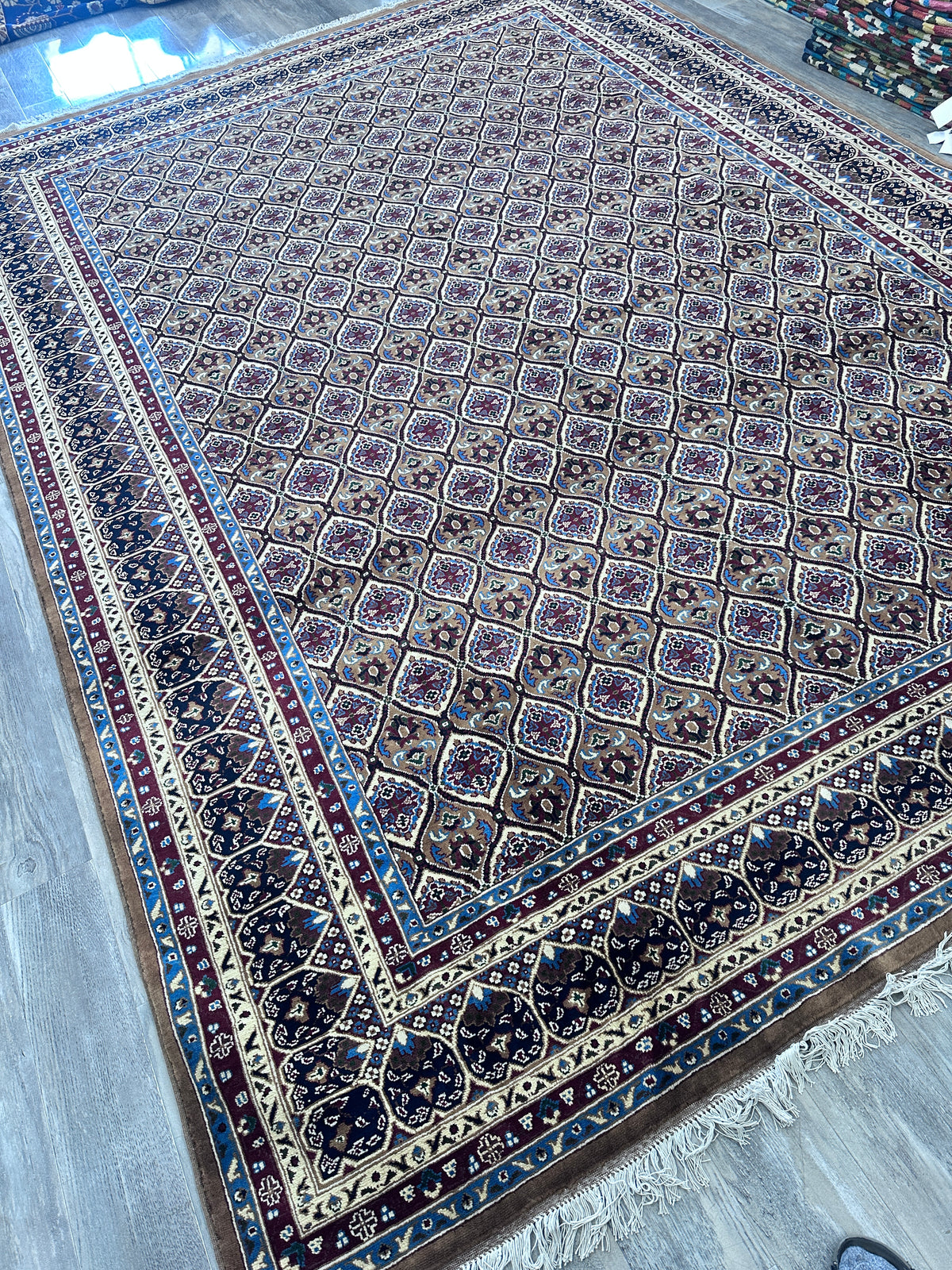Afghan Rug 8x11, Ivory, Purple & Navy, Hand-Knotted Wool, view 3