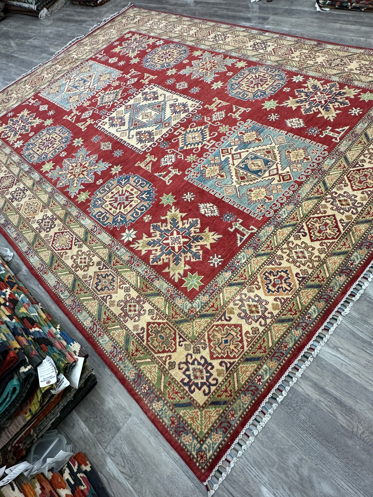 Afghan Kazak Rug 8'10" x 11'11", Hand-Knotted Wool, Cream & Red, view 6